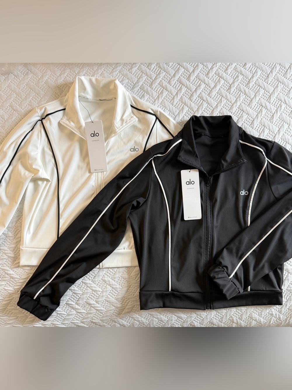 ALO Yoga Women's Contrast Piped Bomber Jacket-Black & White (2)